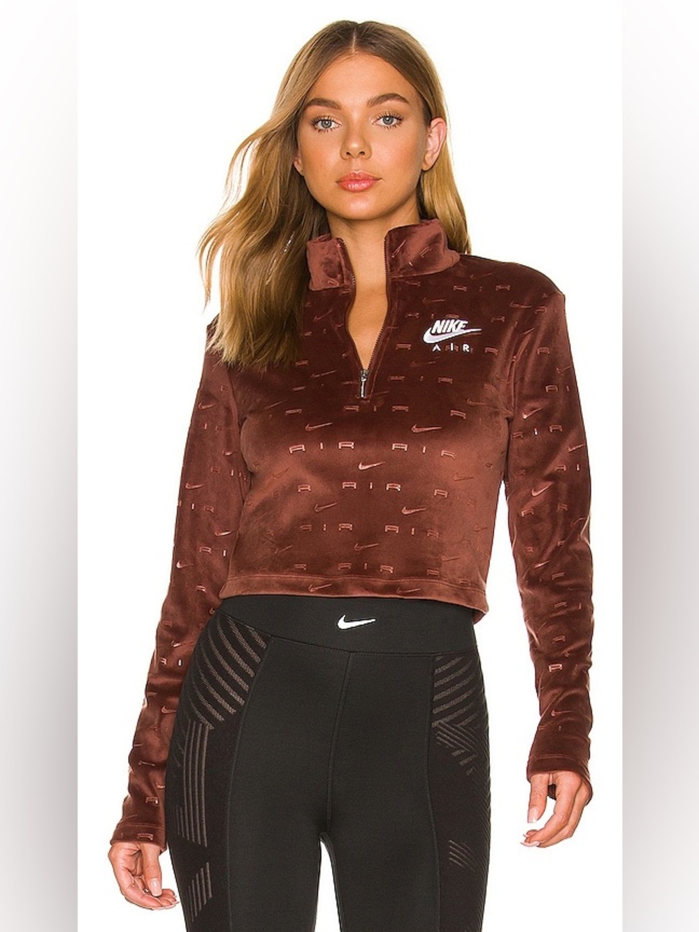 Nike Air Women’s Velour Half-Zip Cropped Pullover in Bronze Eclipse - Small